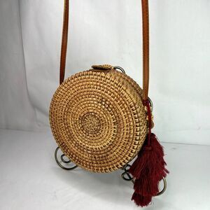Ata Rattan Round Canteen Style Straw Wicker Woven Crossbody Bag Purse Womens
